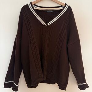 Elegant V-Neck Cable Knit Sweater in Rich Brown